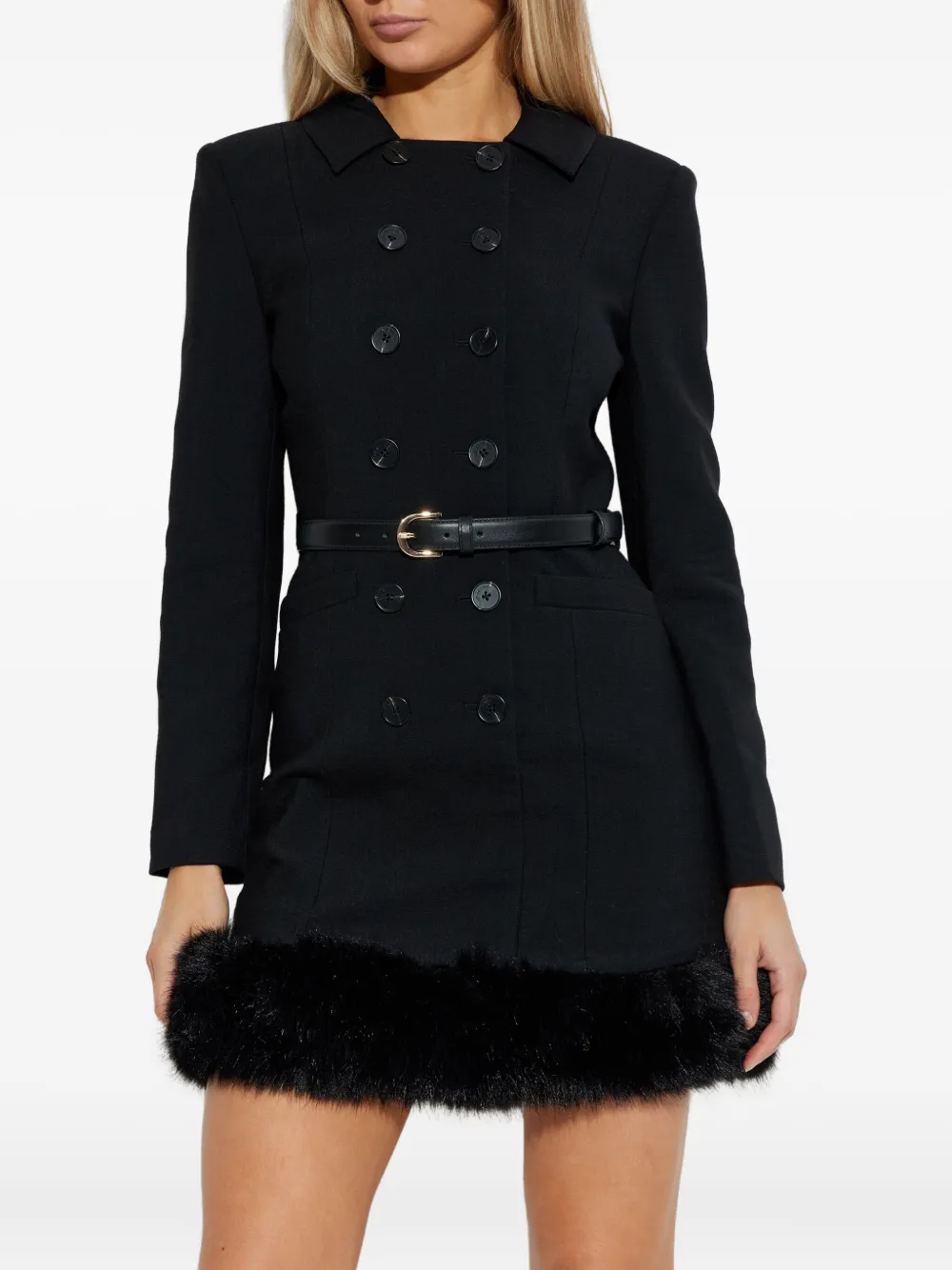 Self-portrait Belted Faux Fur-trimmed Minidress In Black