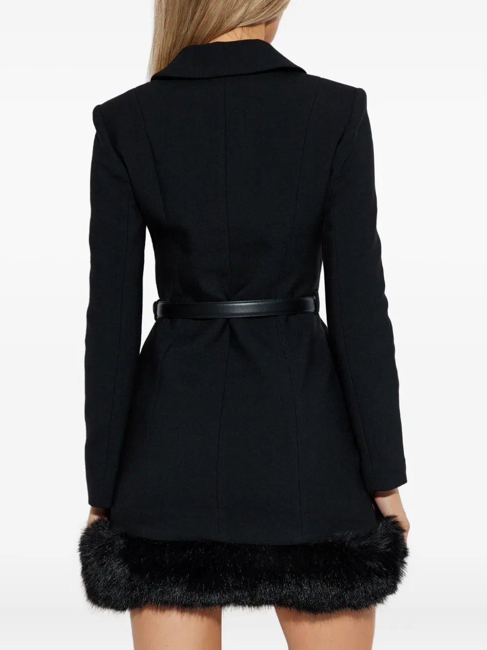 Self-portrait Belted Faux Fur-trimmed Minidress In Black