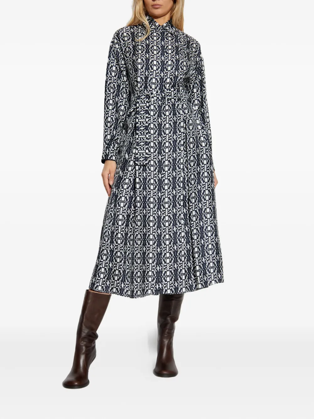 Max Mara Midi Dress With Long Sleeves And Belt In Blue