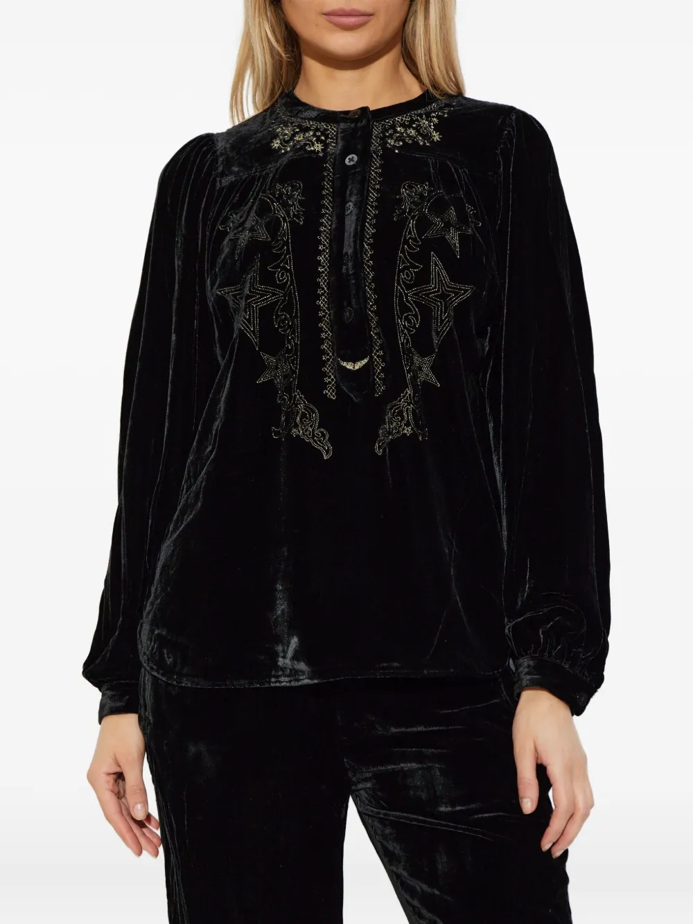 Zadig & Voltaire Tigy Embroidered Velvet Popover Shirt In Black