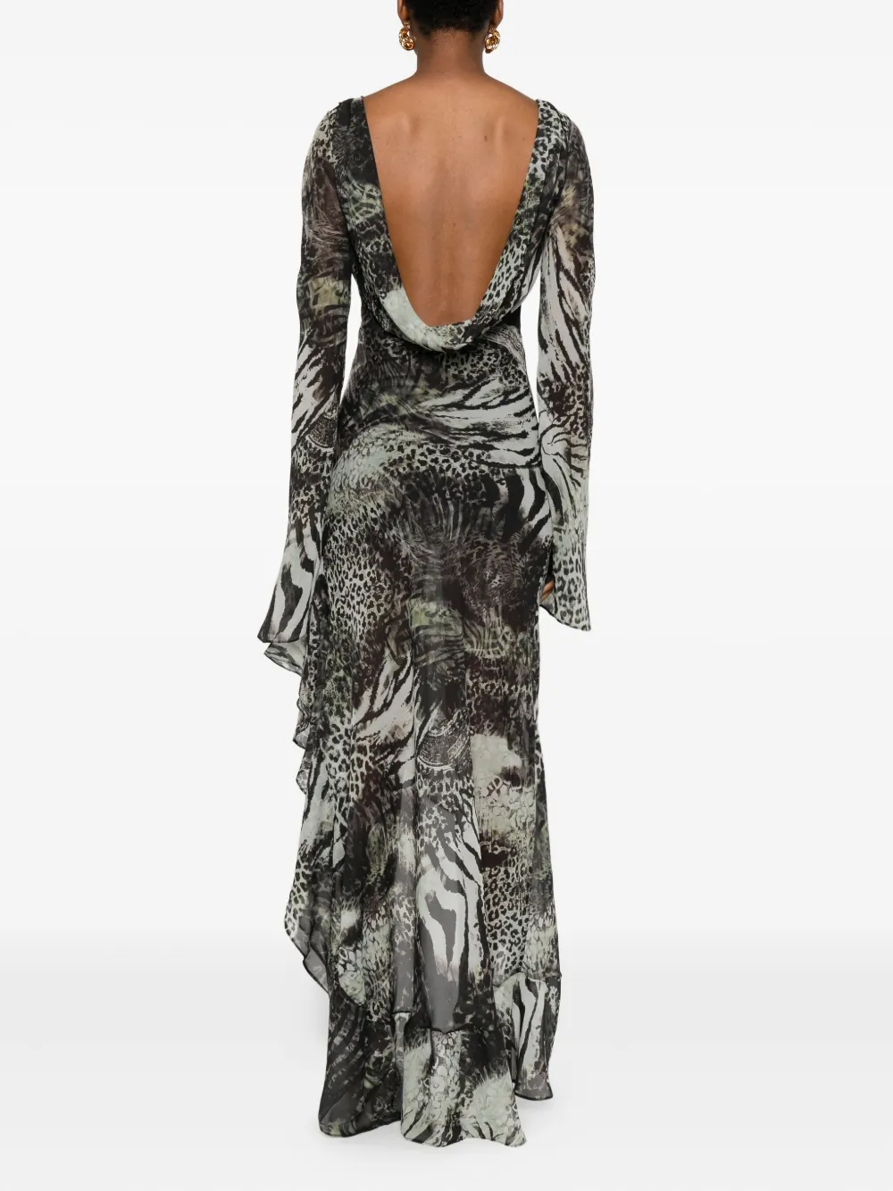 Miau By Clara Rotescu Jessie Bell-sleeve Animal-print Dress In Green