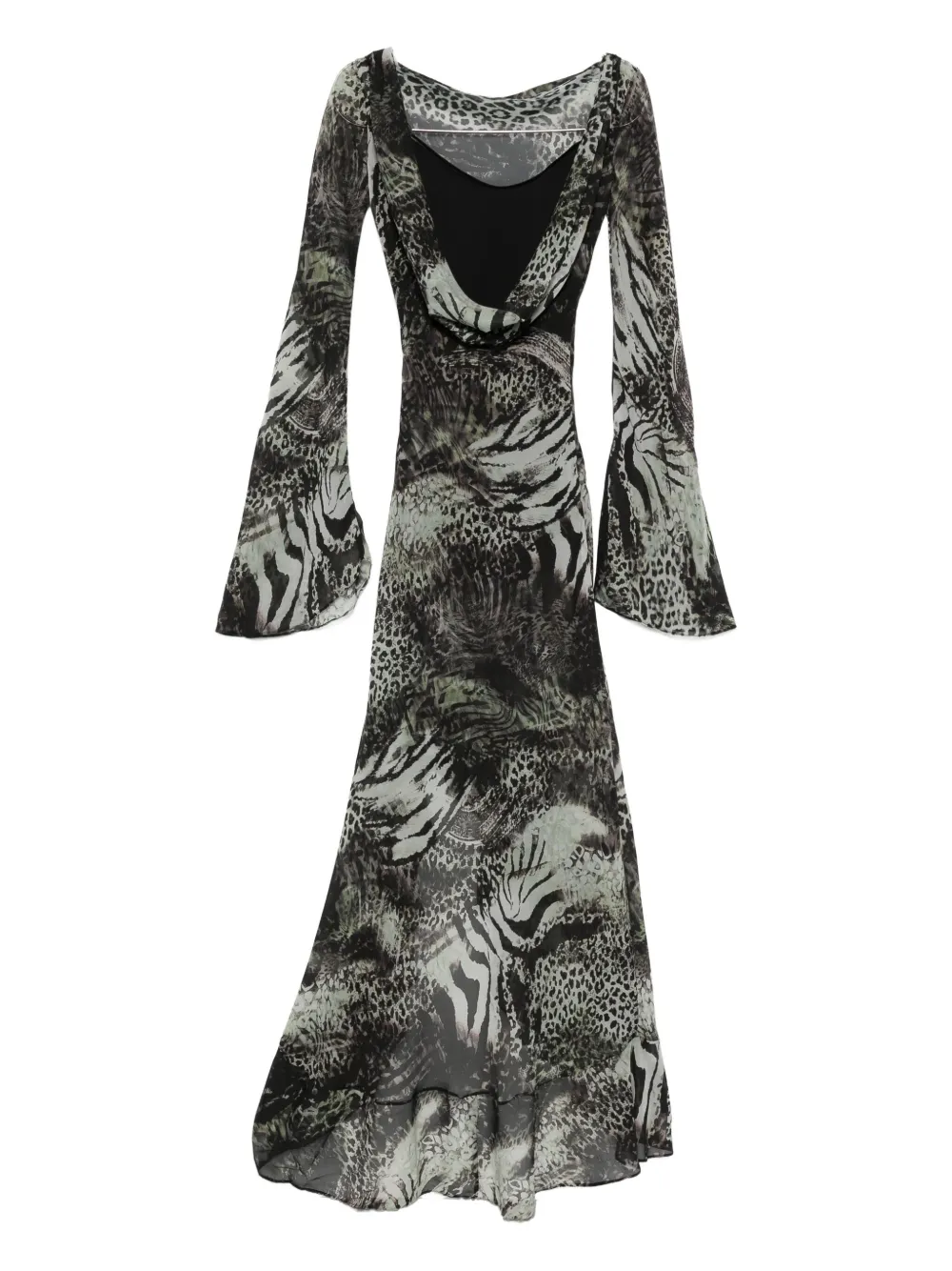 Miau By Clara Rotescu Jessie Bell-sleeve Animal-print Dress In Green