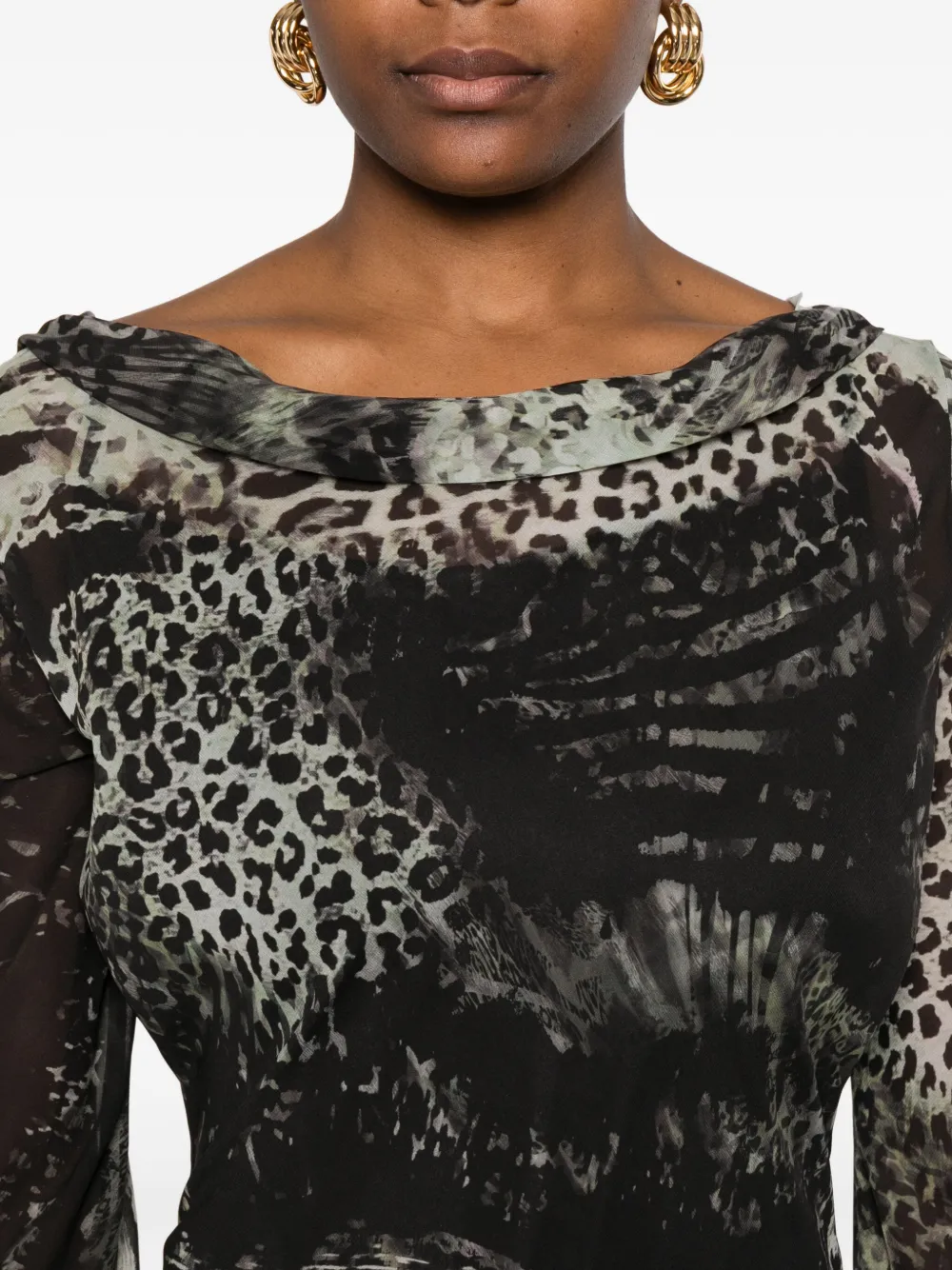 Miau By Clara Rotescu Jessie Bell-sleeve Animal-print Dress In Green