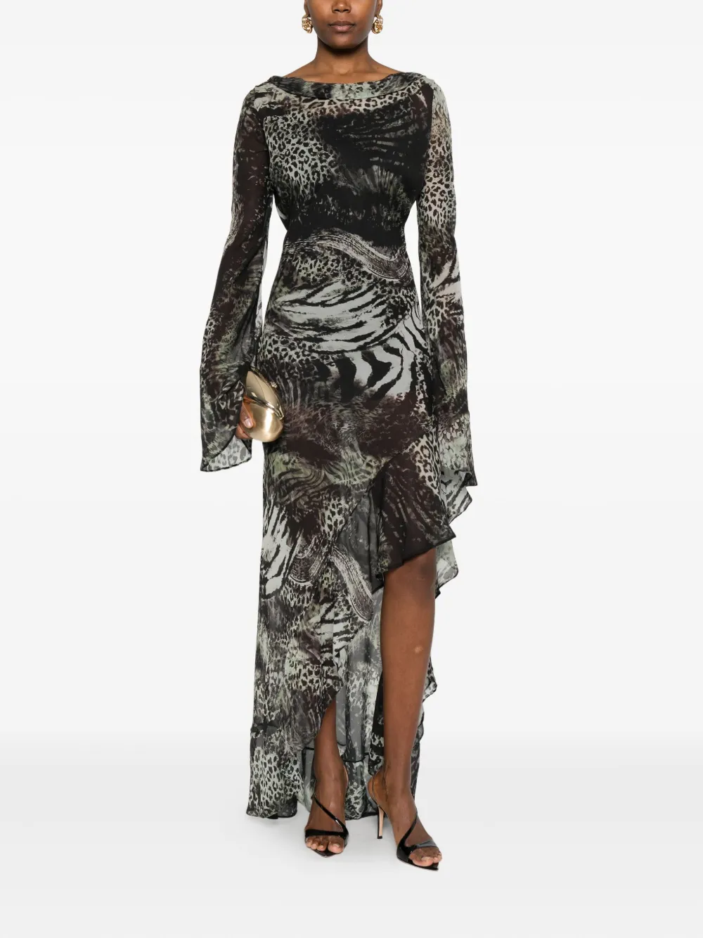 MIAU by Clara Rotescu Jessie bell-sleeve animal-print dress - Groen