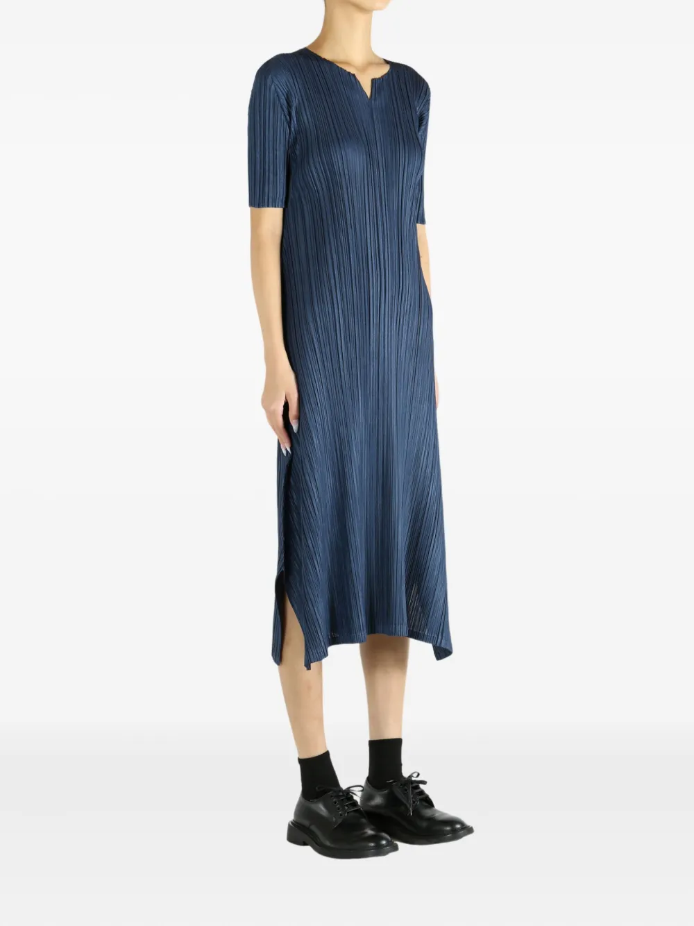 Pleats Please Issey Miyake Pleated short-sleeve dress - Blauw