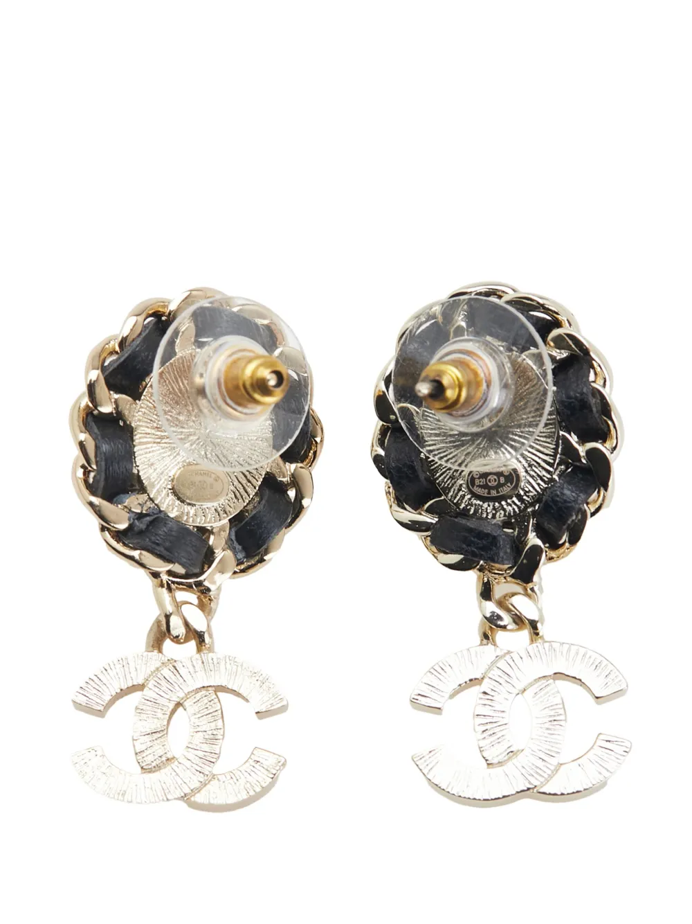 CHANEL Pre-Owned 2021 Gold Plated Leather Woven Faux Pearl CC Crystal Drop Earrings costume earrings | Image 2