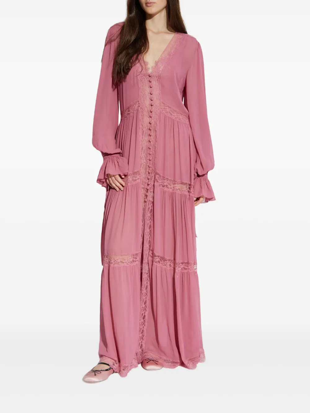 LoveShackFancy Lyvienne chiffon maxi-jurk met kant Roze