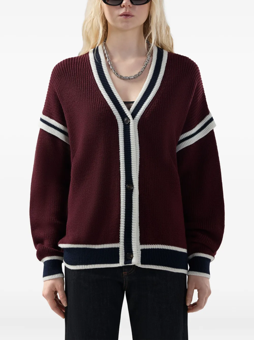 Gcds Striped Button Cardigan In Red