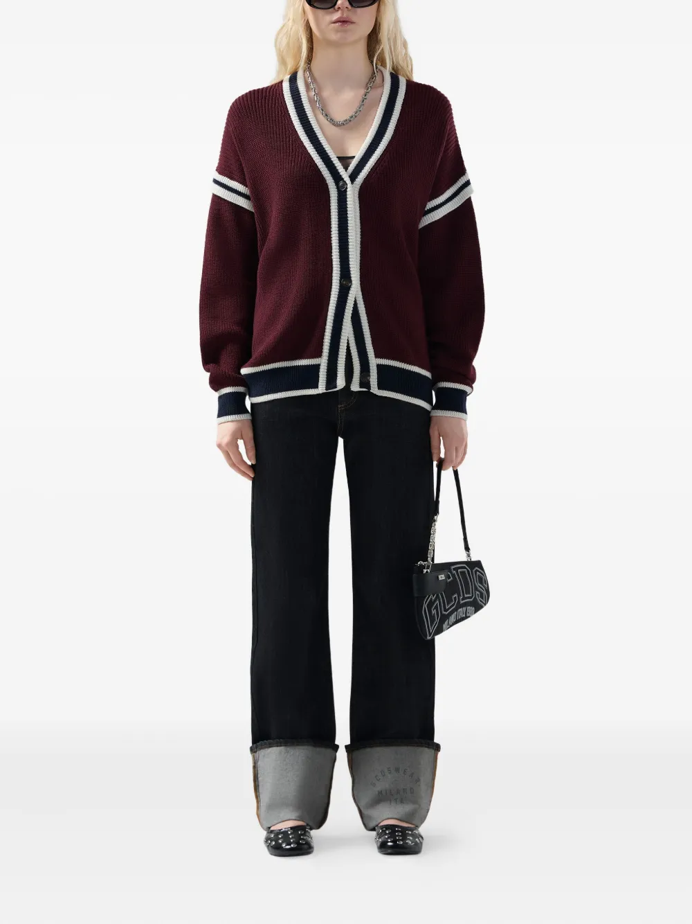 Gcds Striped Button Cardigan In Red