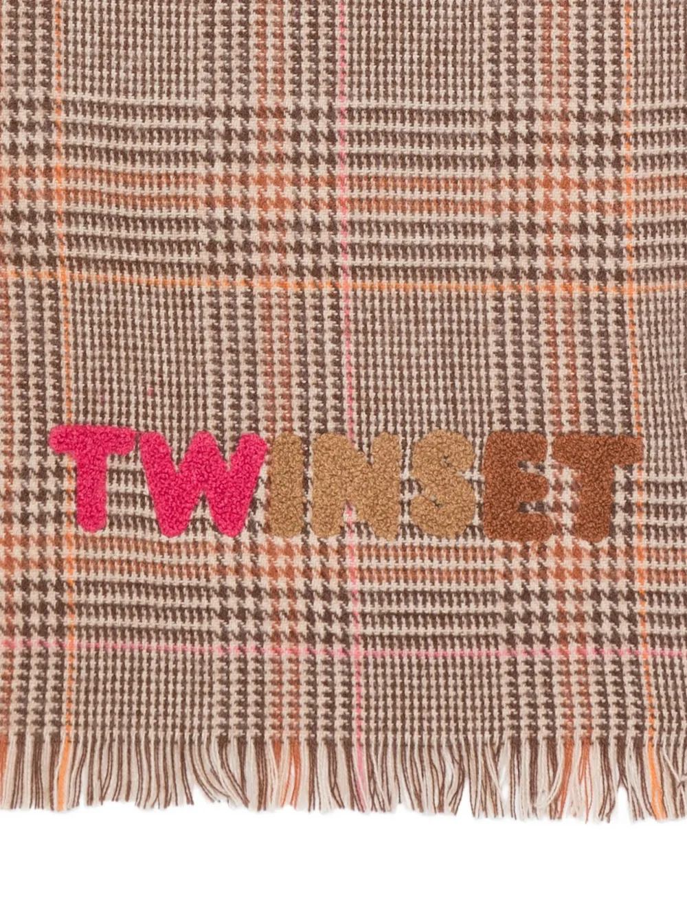 Twinset Checked Fringed Scarf In Brown
