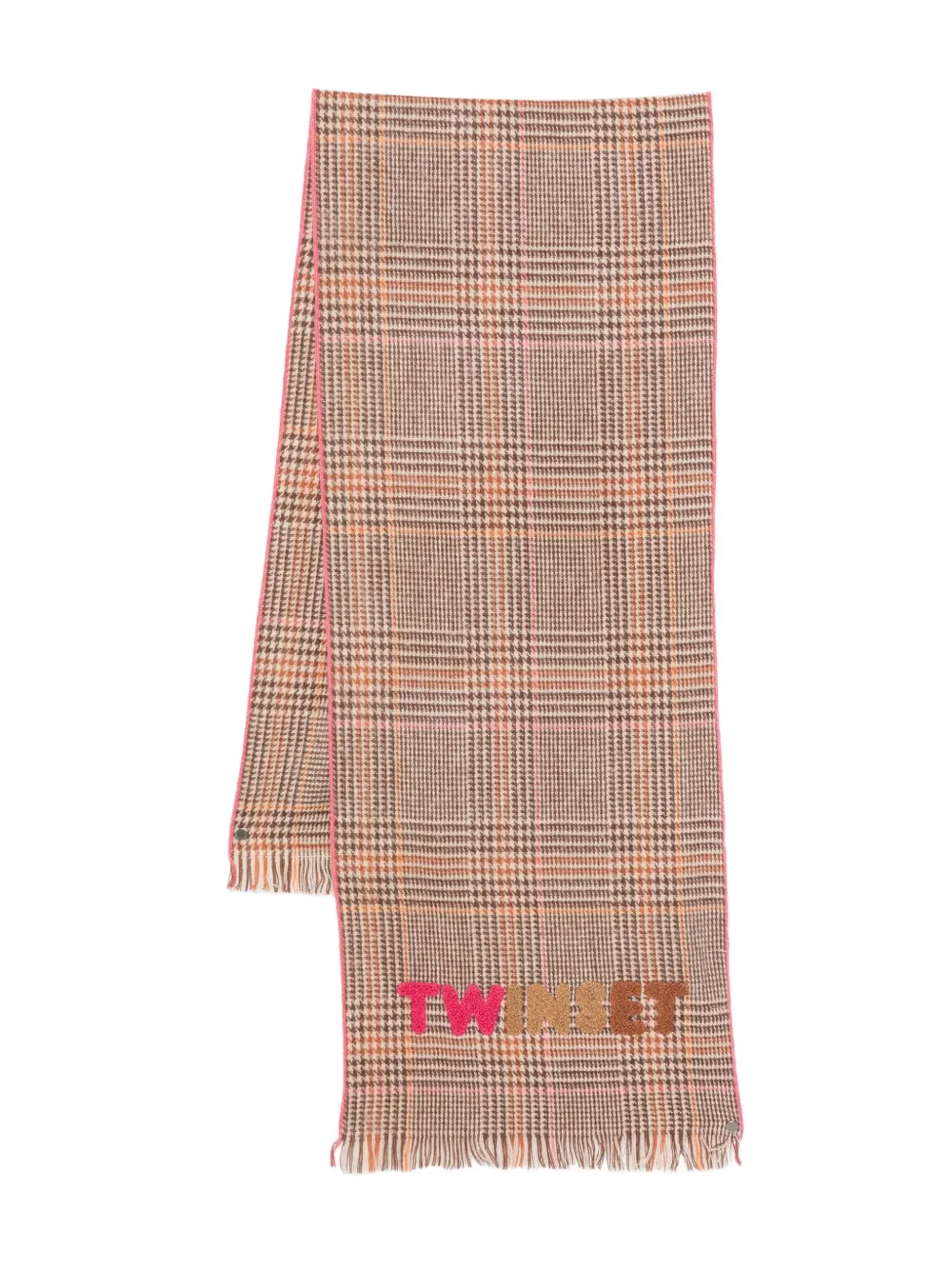 Twinset Checked Fringed Scarf In Brown