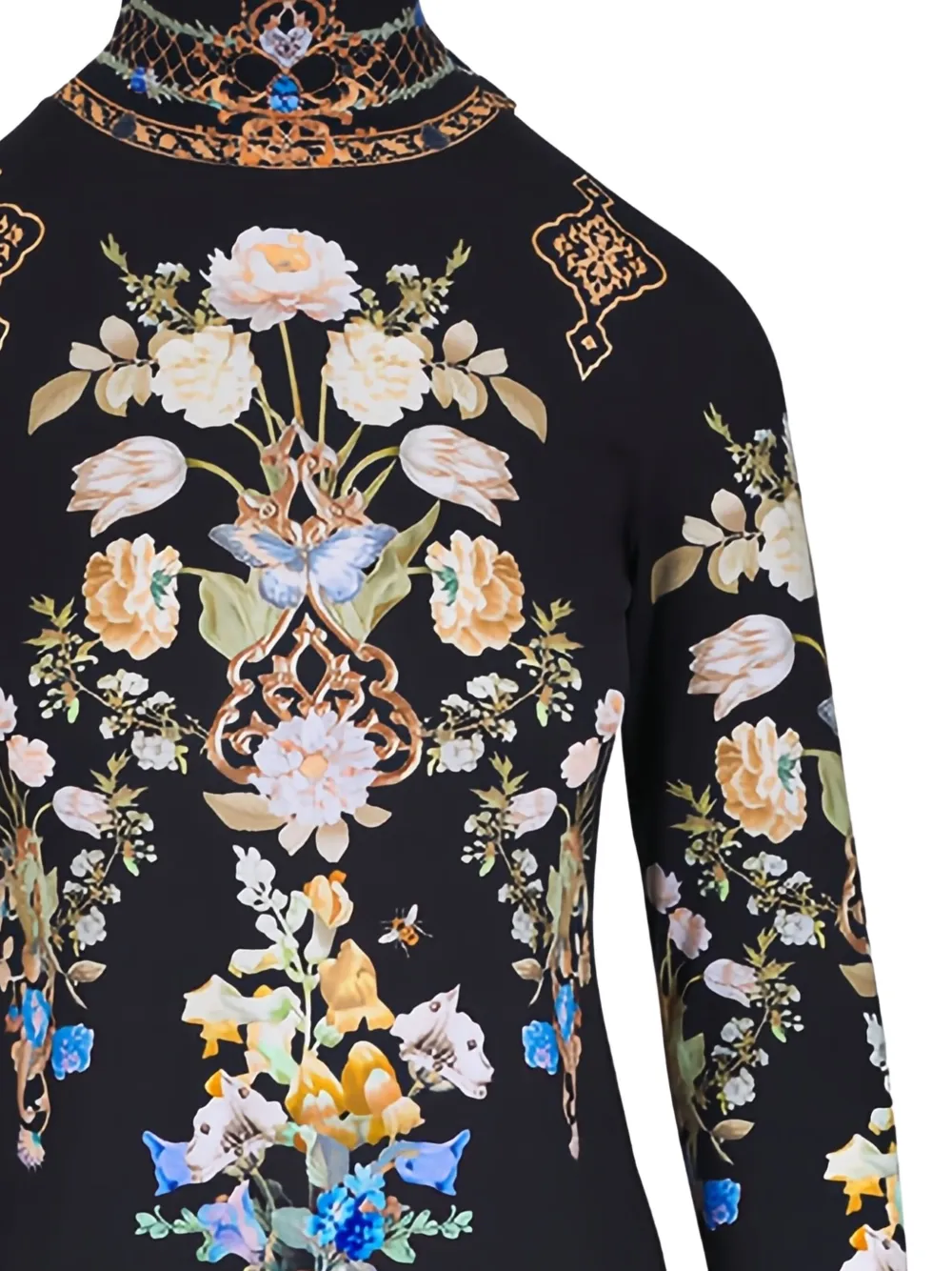 Camilla Ottoman top met bloemenprint en col - Zwart