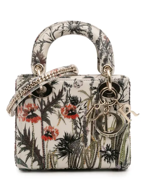 Christian Dior Pre-Owned 2020 Mini Calfskin Beaded Embroidered Jardin Naturel Lady Dior satchel