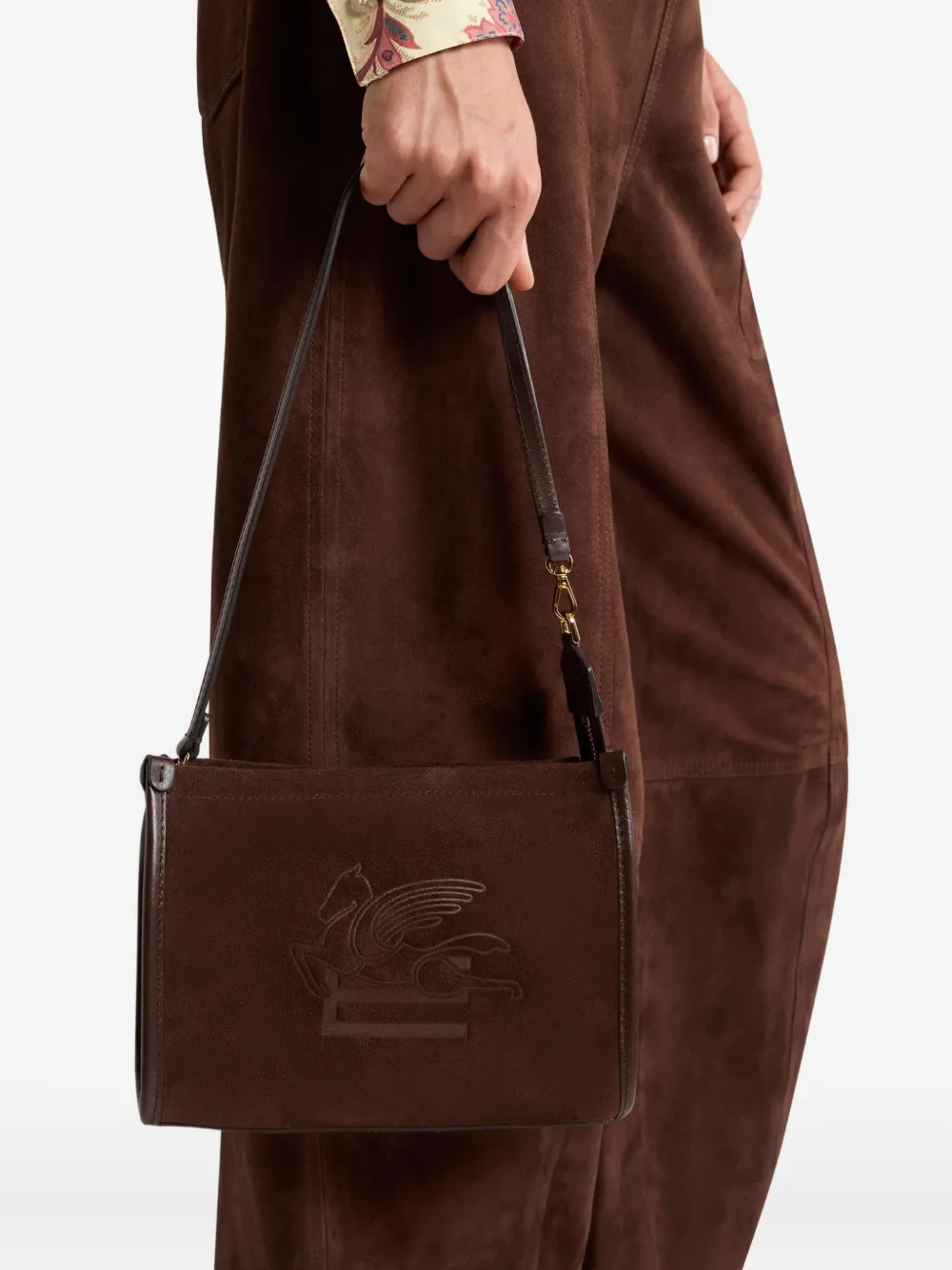 ETRO Kleine suède schoudertas met logo-reliëf - Bruin