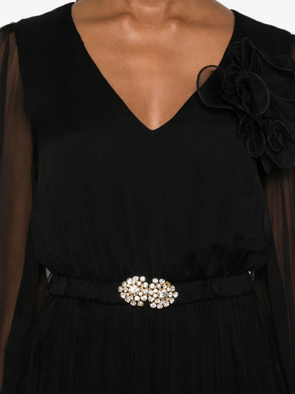 Nissa Floral-appliqué Belted Midi Dress In Black
