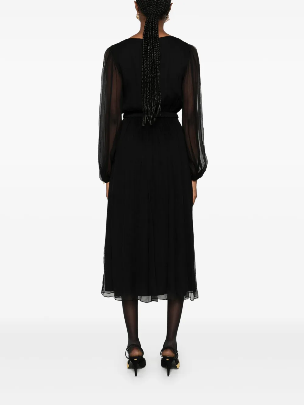Nissa Floral-appliqué Belted Midi Dress In Black