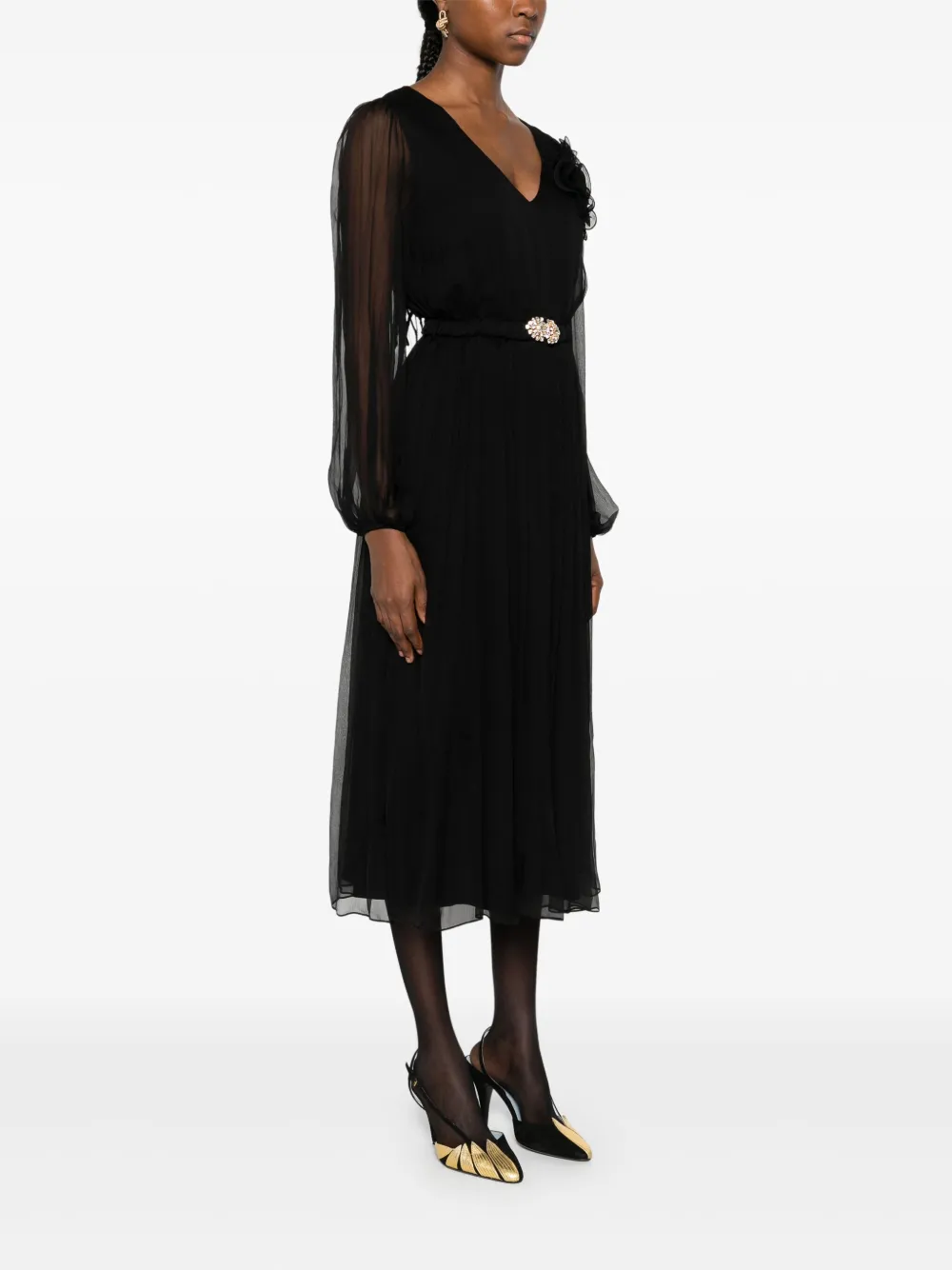 Nissa Floral-appliqué Belted Midi Dress In Black