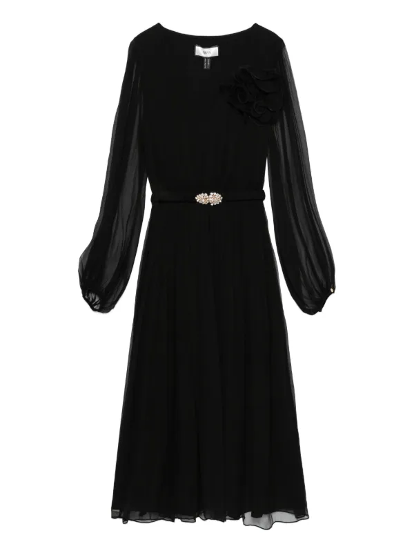 Nissa Floral-appliqu Belted Midi Dress - Black Nissa Floral-appliqu Belted Midi Dress - Black