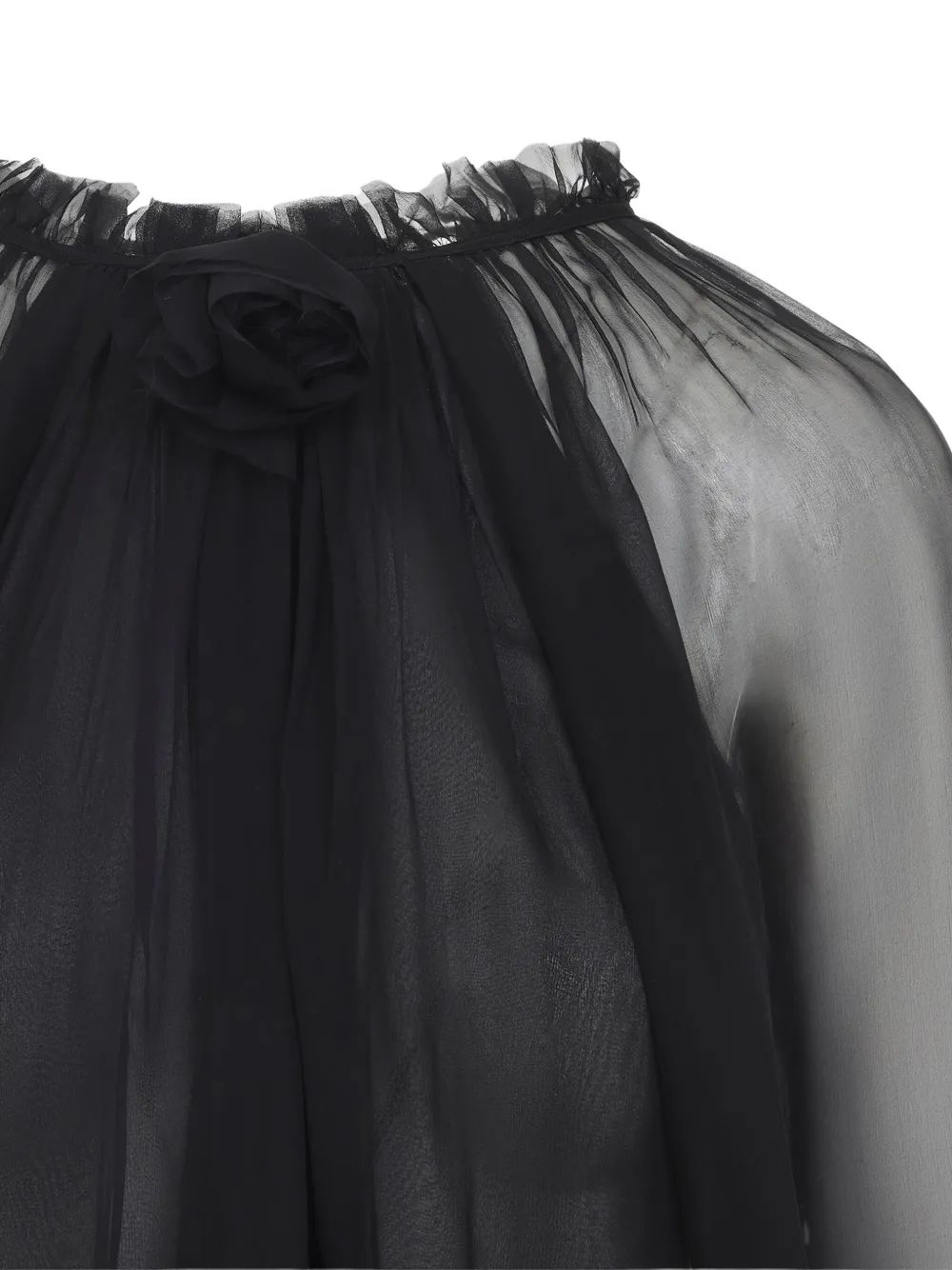 Alberta Ferretti Long Sleeve Sheer Blouse With Ruffles And Flowers In Black