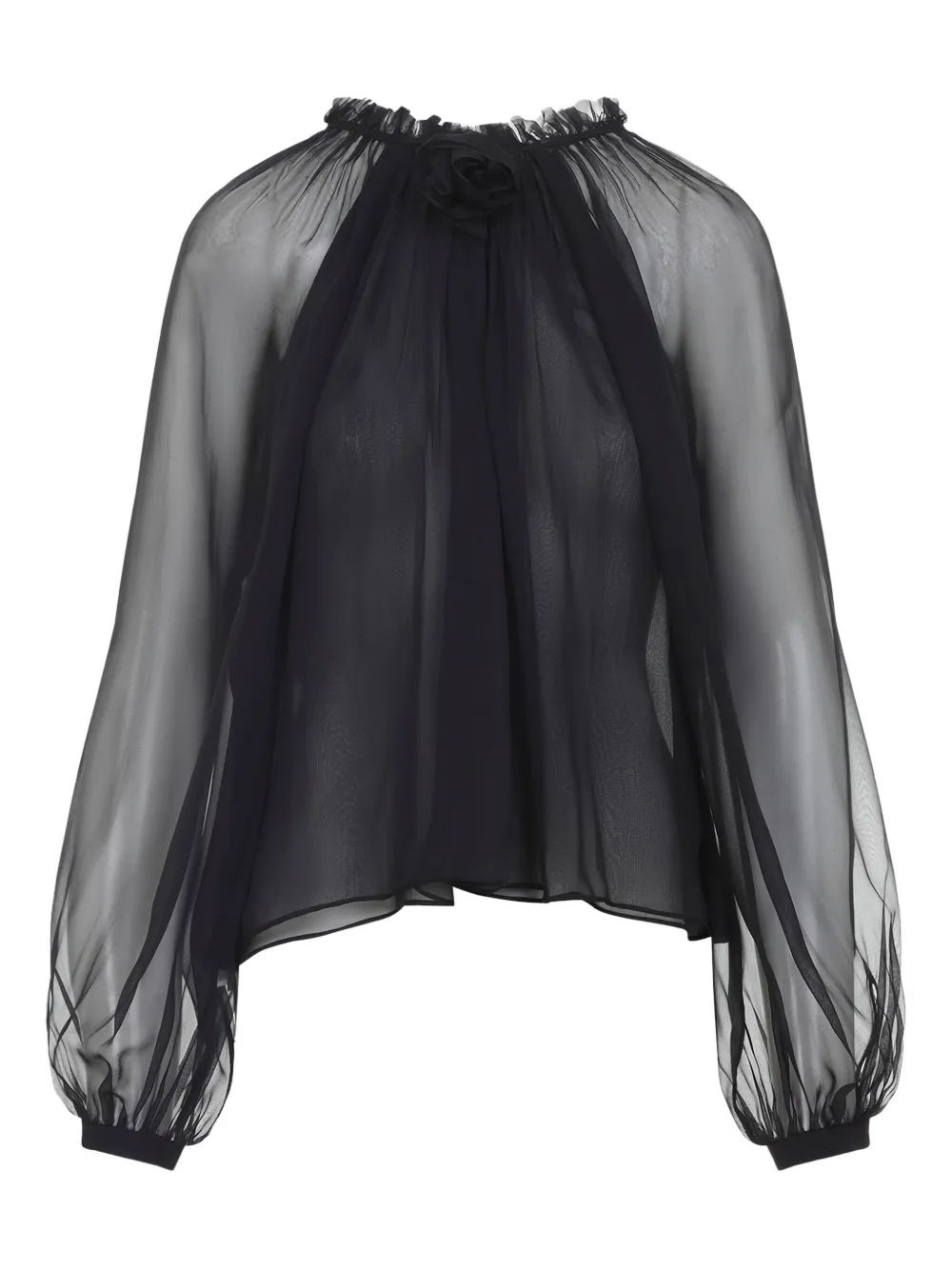 Alberta Ferretti Long Sleeve Sheer Blouse With Ruffles And Flowers In Black