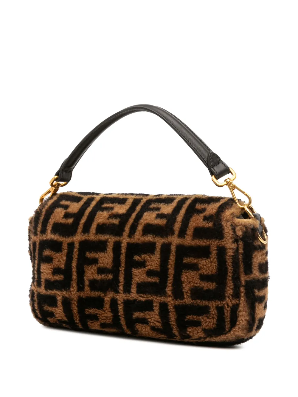 Pre-owned Fendi 2000-2010 Medium Zucca Shearling Baguette Satchel In Brown