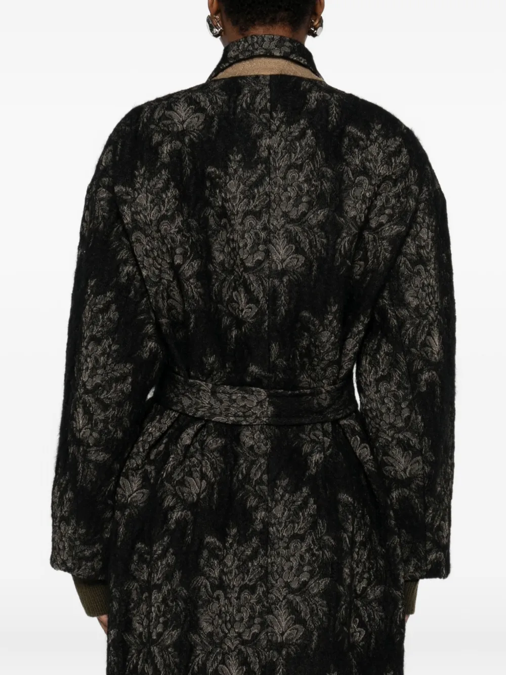 Uma Wang Floral-pattern Belted Coat In Black