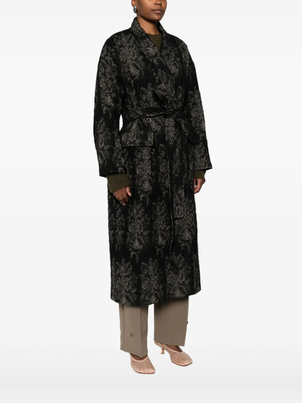 Uma Wang Floral-pattern Belted Coat In Black