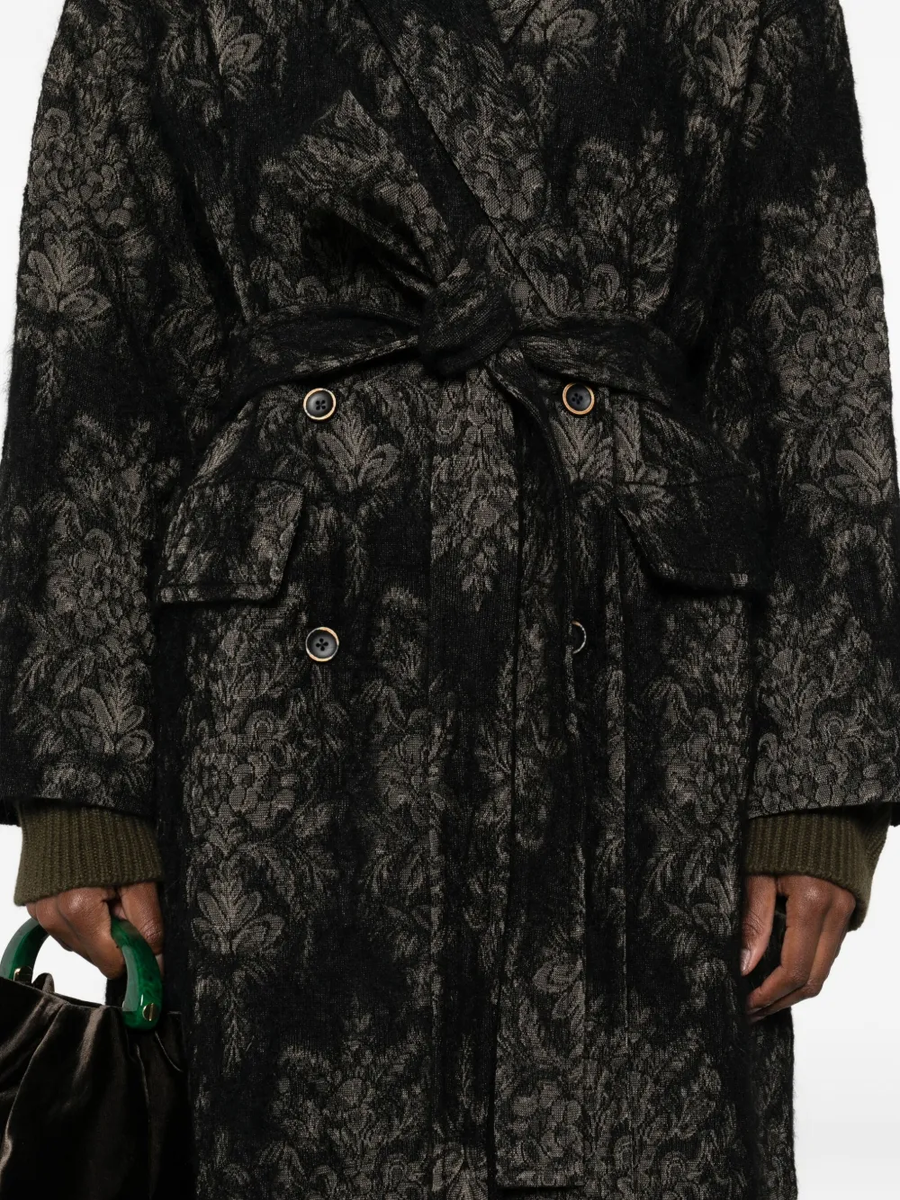 Uma Wang Floral-pattern Belted Coat In Black
