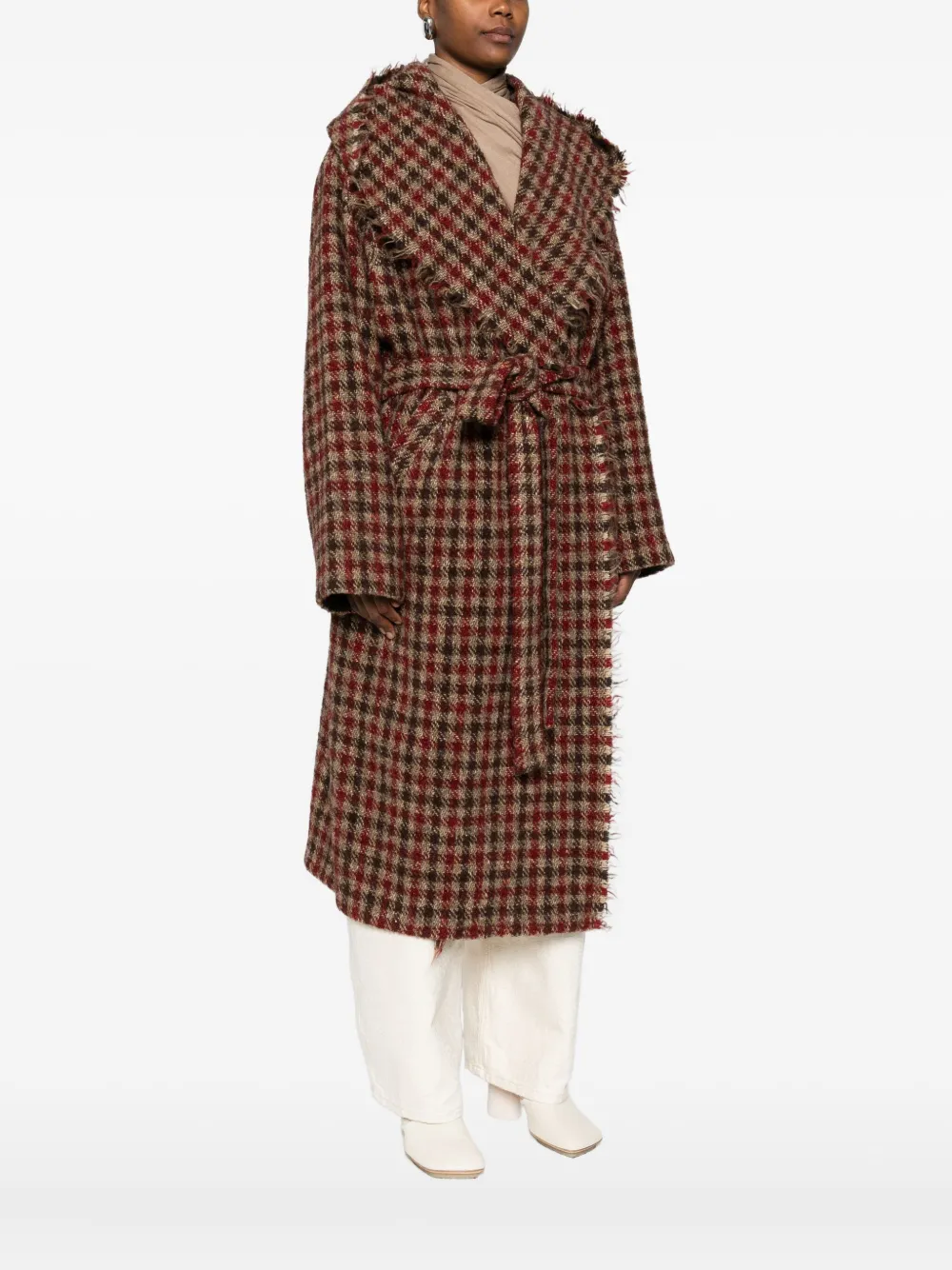 Uma Wang Frayed-trim Check-print Coat In Burgundy