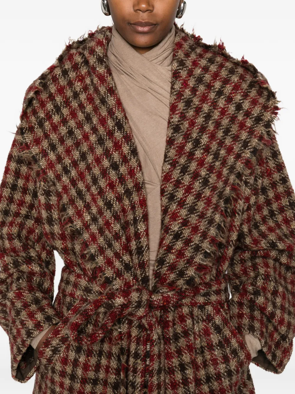 Uma Wang Frayed-trim Check-print Coat In Burgundy