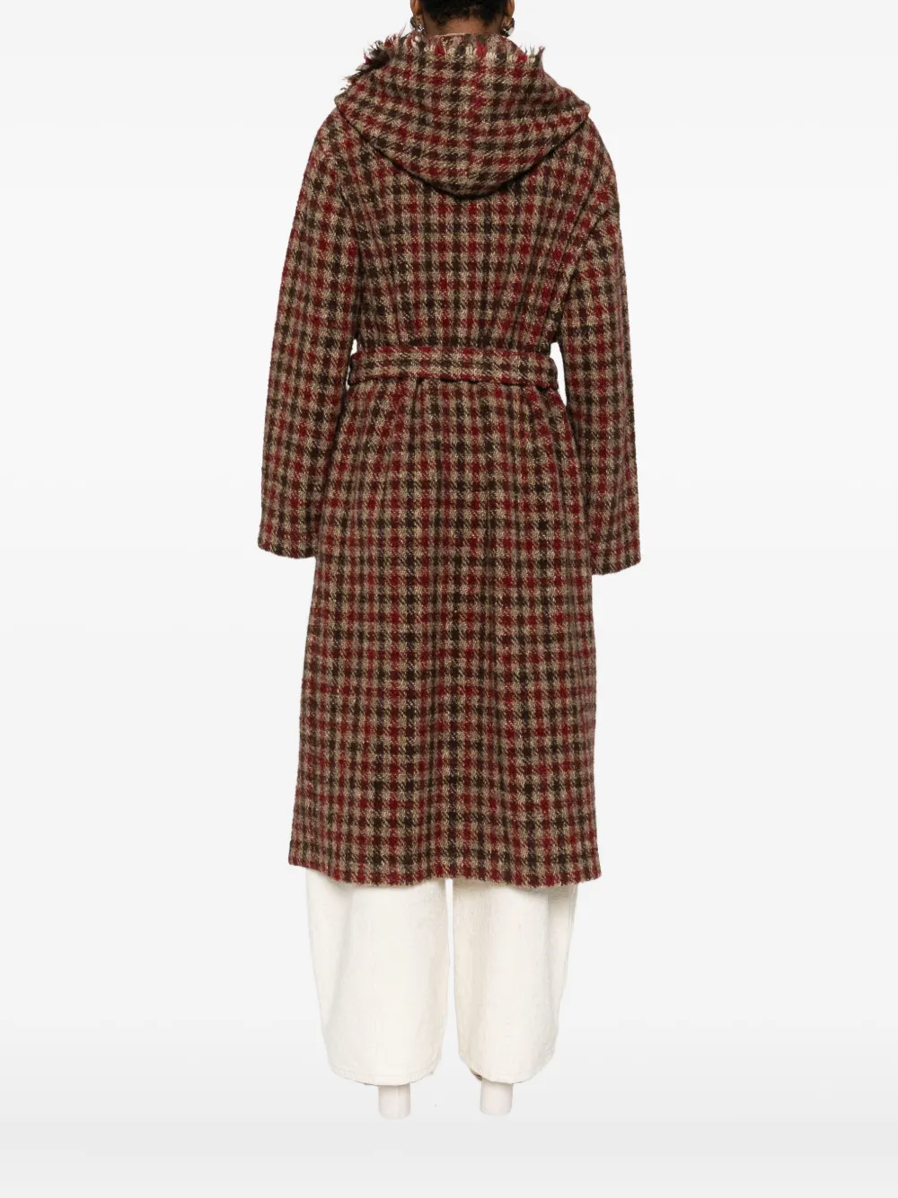 Uma Wang Frayed-trim Check-print Coat In Burgundy