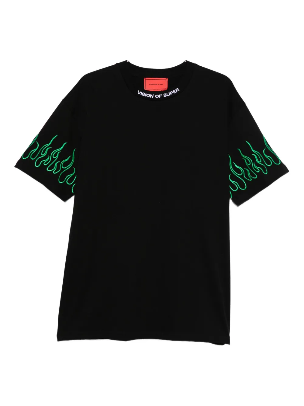 Vision Of Super Black T-shirt With Embroidered Green Flames And White Logo In Black