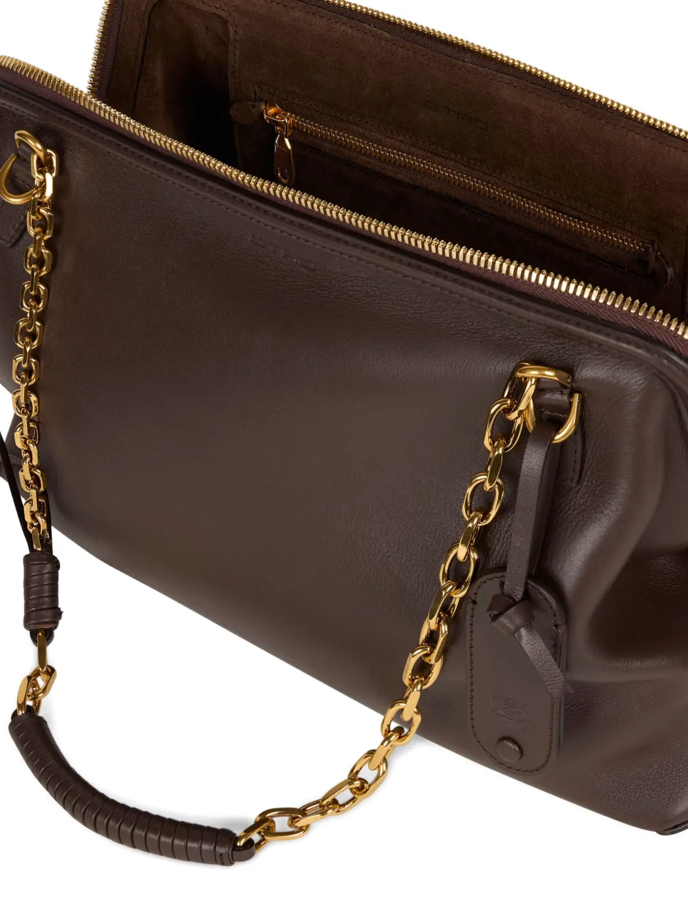Etro Chain-trimmed Leather Shoulder Bag In Brown