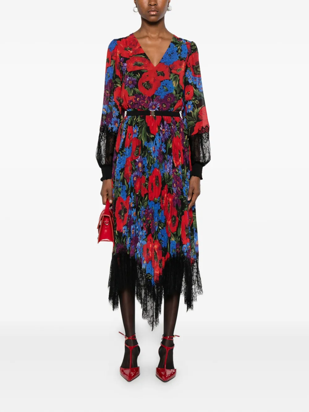 NISSA Midi-jurk met bloemenprint en kant - Rood