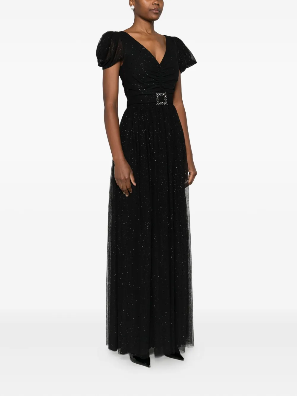 Nissa Belted Short-sleeved Dress In Black