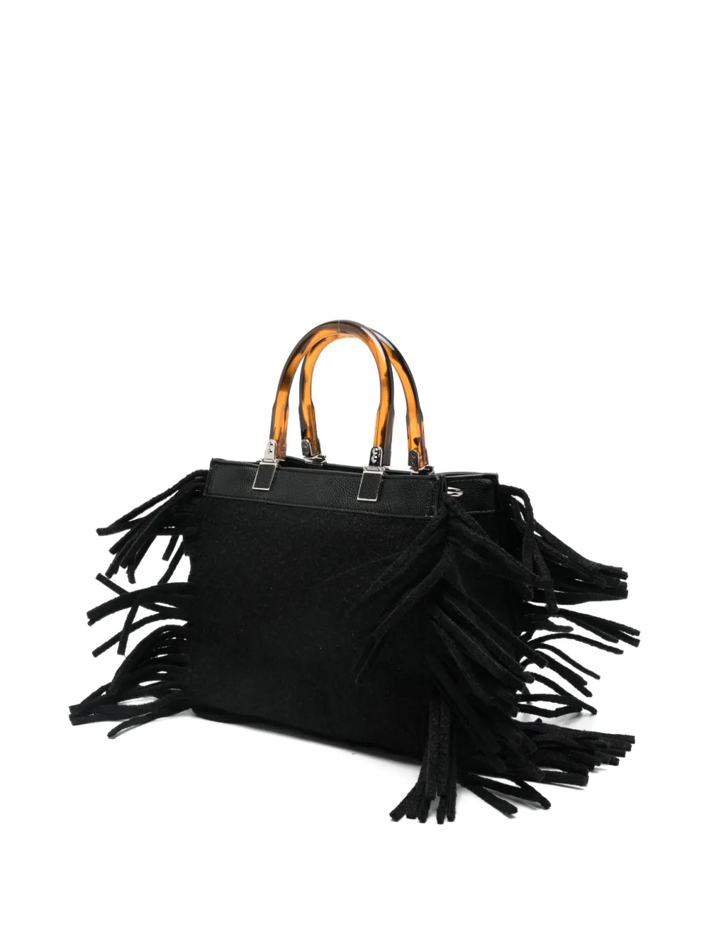 Secret Pon-pon Fringed Top-handles Shoulder Bag In Black