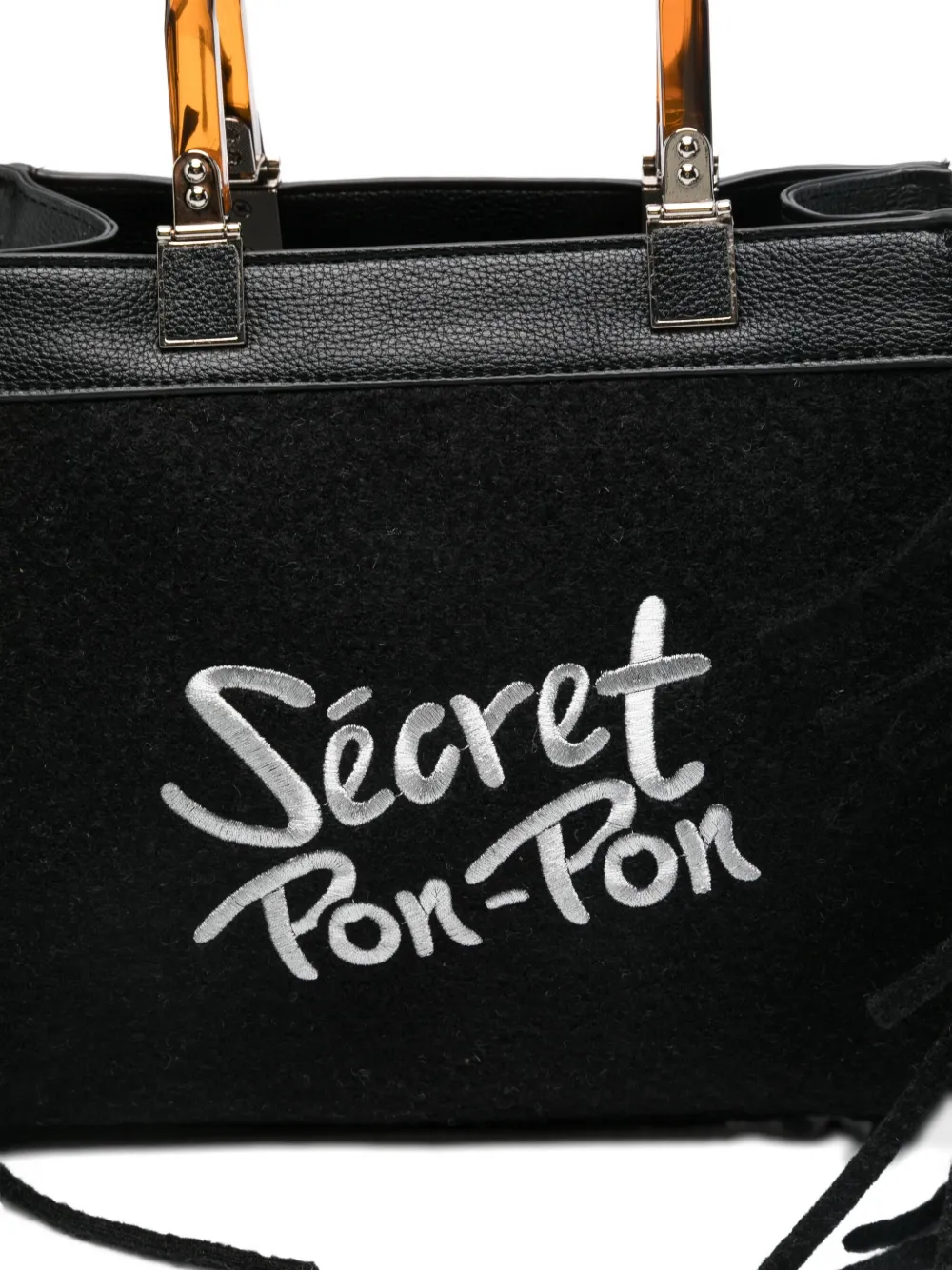 Secret Pon-pon Fringed Top-handles Shoulder Bag In Black