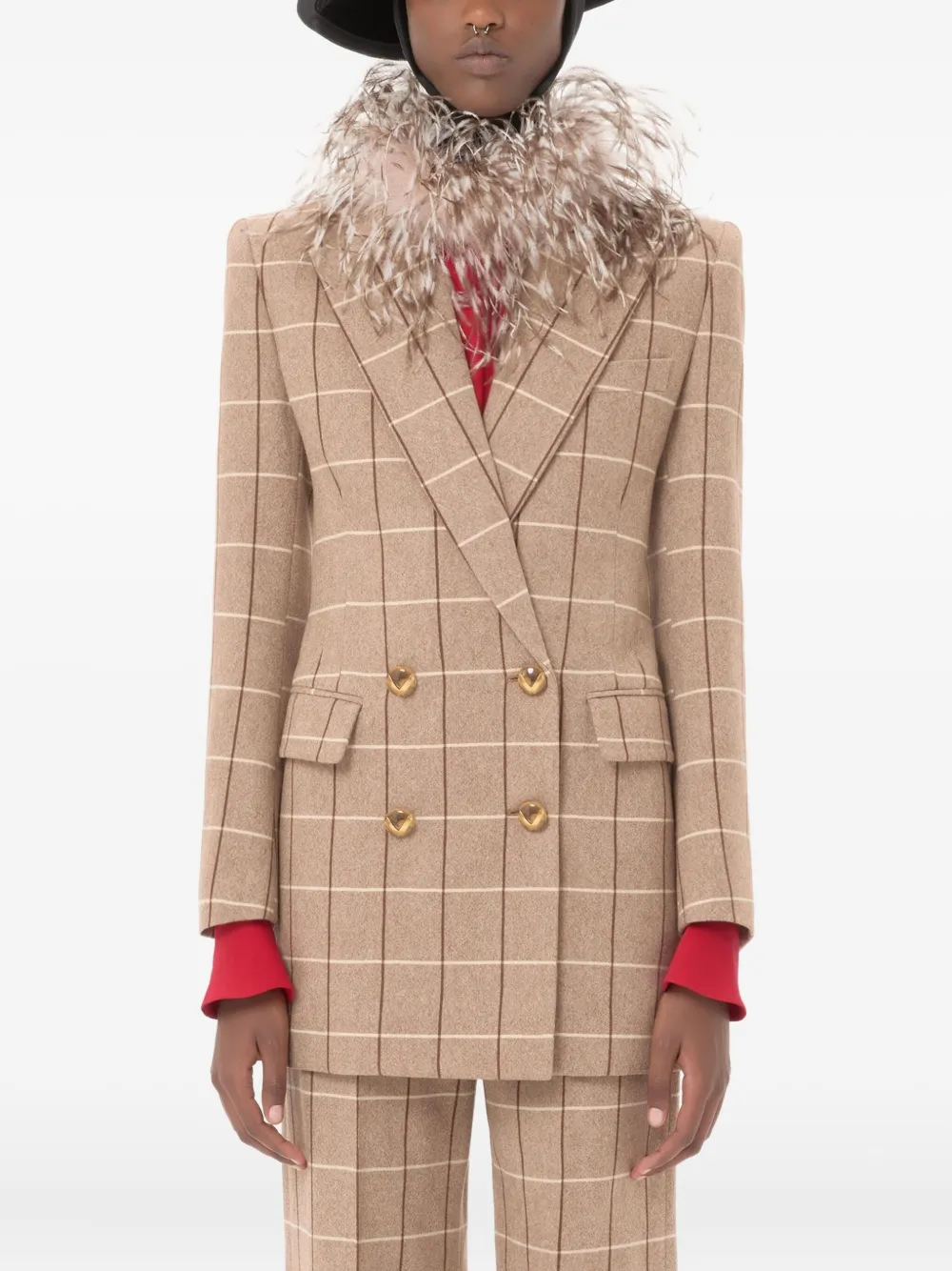 Valentino Windowpane-check Double-breasted Blazer In Neutral