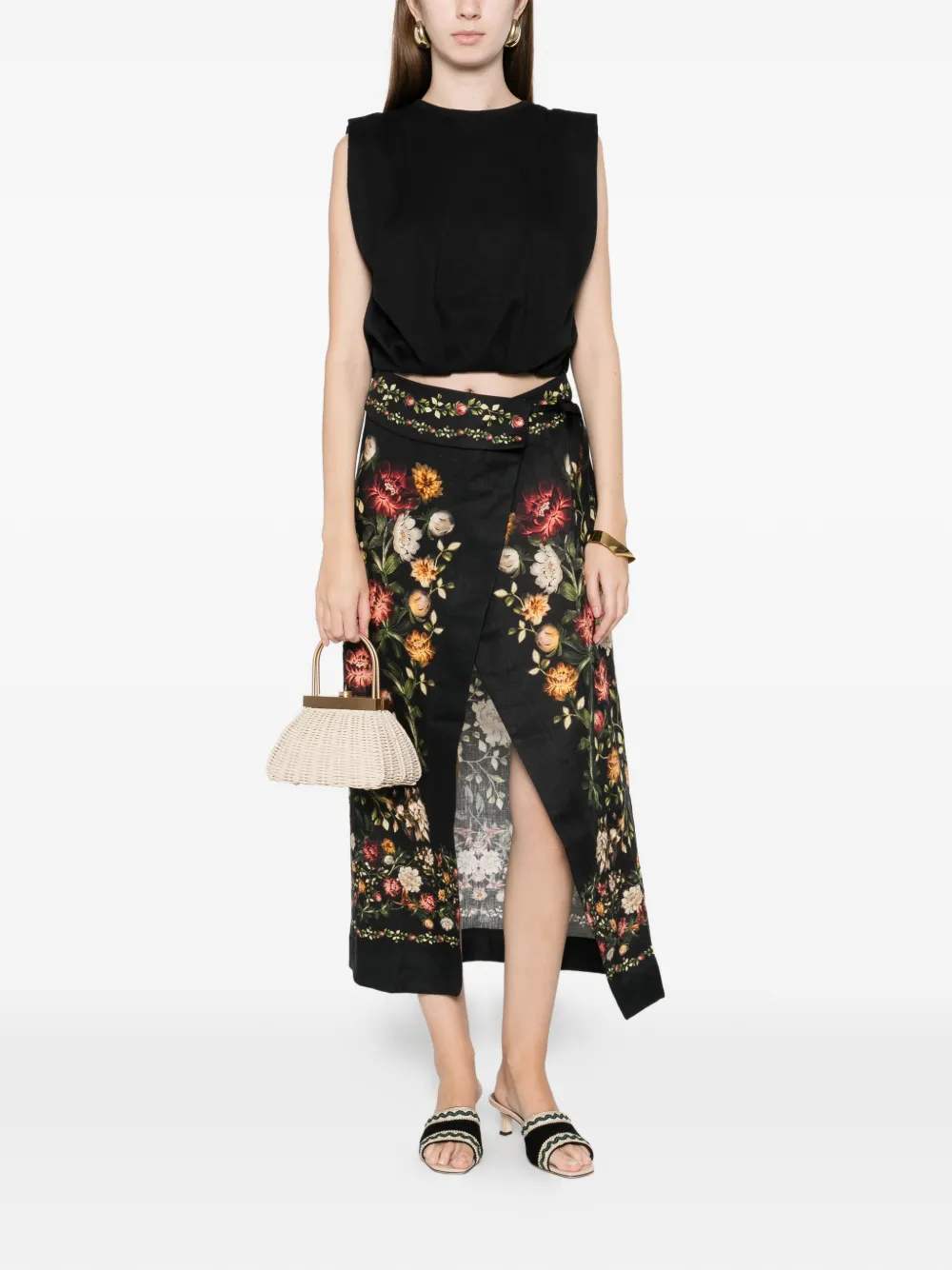 Agua By Agua Bendita Pareo Midi Floral Skirt In Black