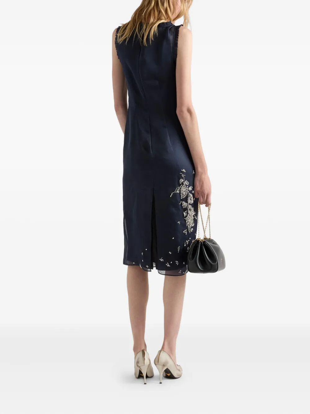 Prada Embroidered Silk Midi Dress In Blue