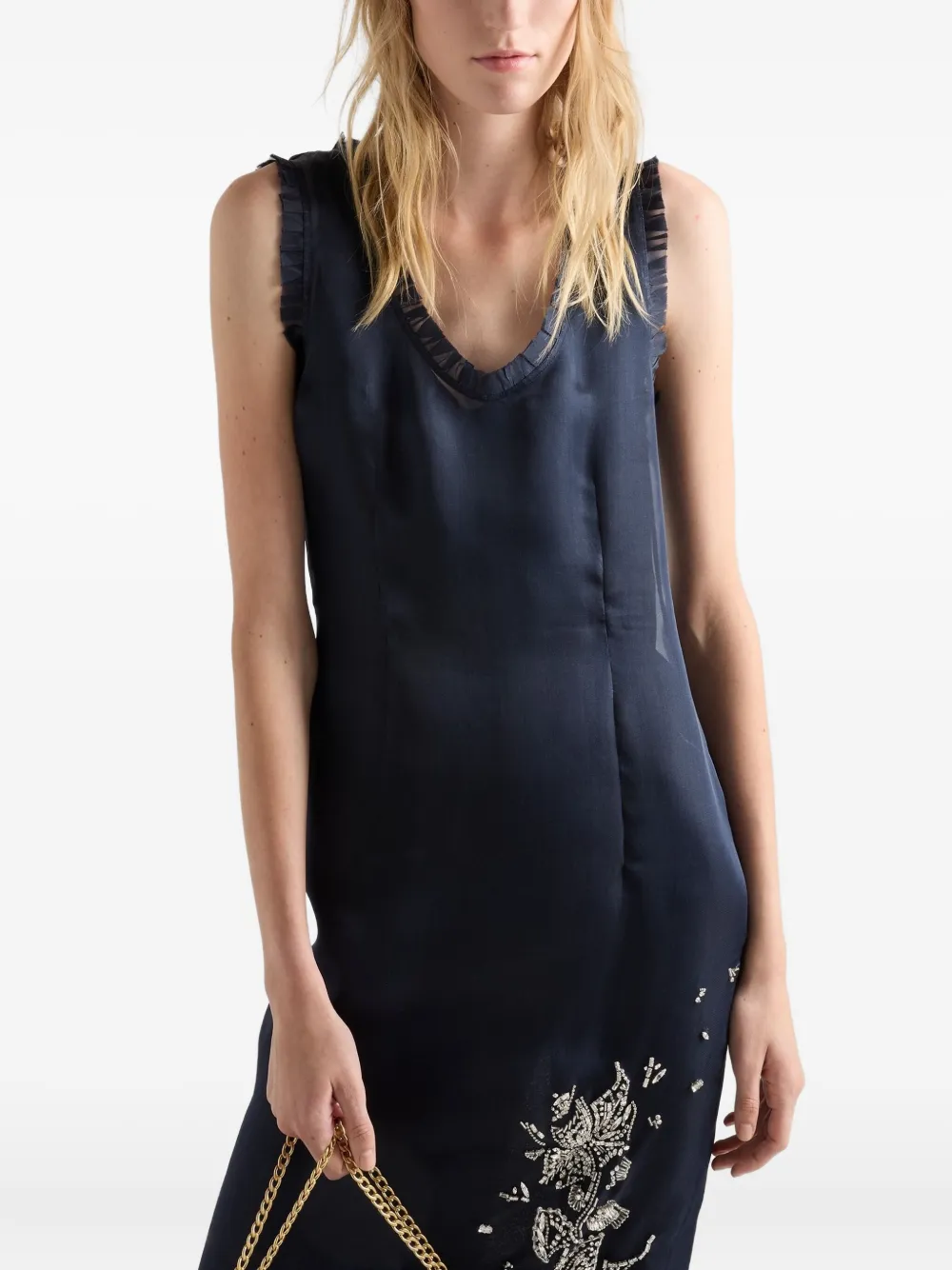 Prada Embroidered Silk Midi Dress In Blue