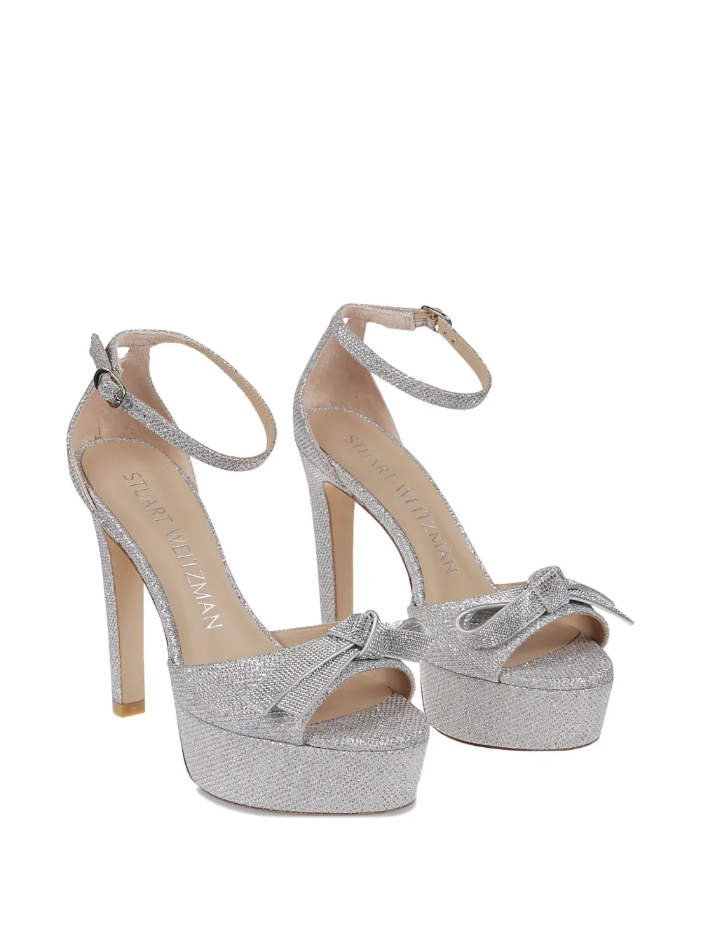 Stuart Weitzman 145 mm sandalen met plateauzool en strik Zilver