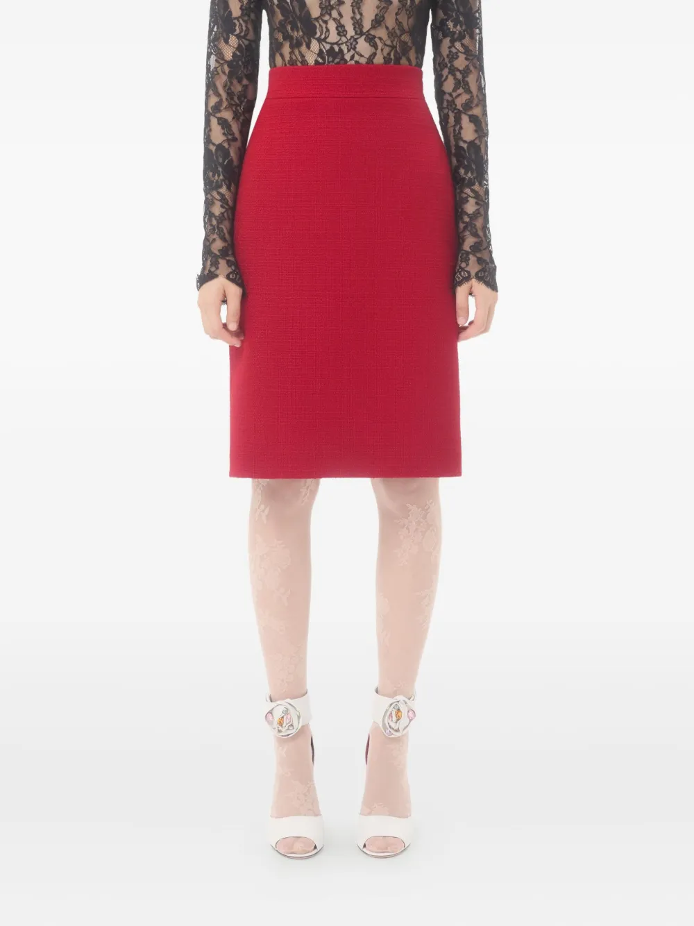 Valentino High-rise Wool-blend Tweed Pencil Skirt In Red