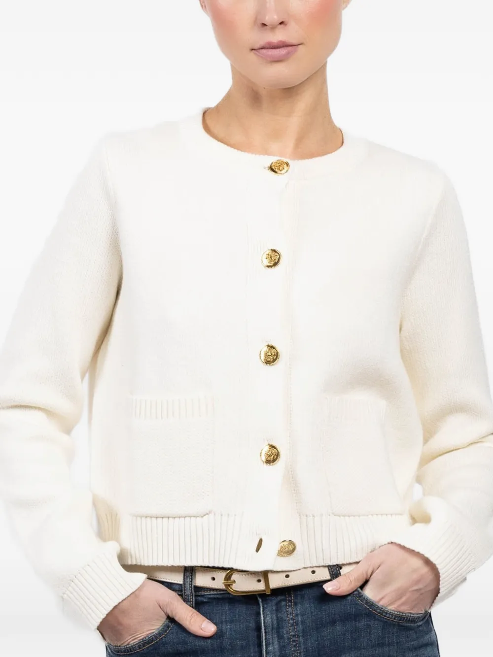 Velvet pocket button cardigan - Bianco