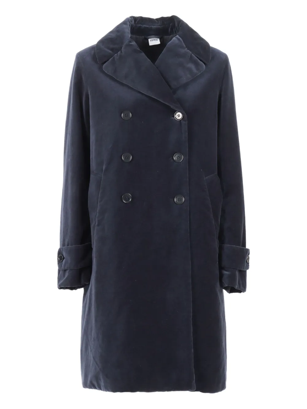 Aspesi Double-breasted Long Coat With Velvety Texture In Blue