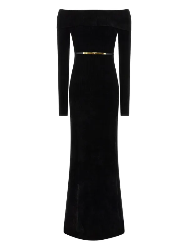 off the shoulder belted dress 1960s Gold Brocade off the Shoulder Belted Sheath Dress