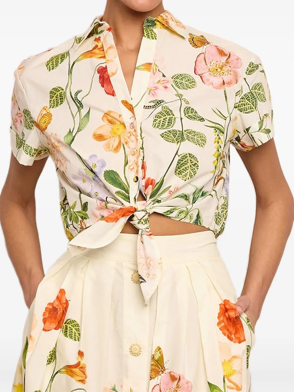  Cara Cara Floral-print Tie-front Shirt - Neutrals 