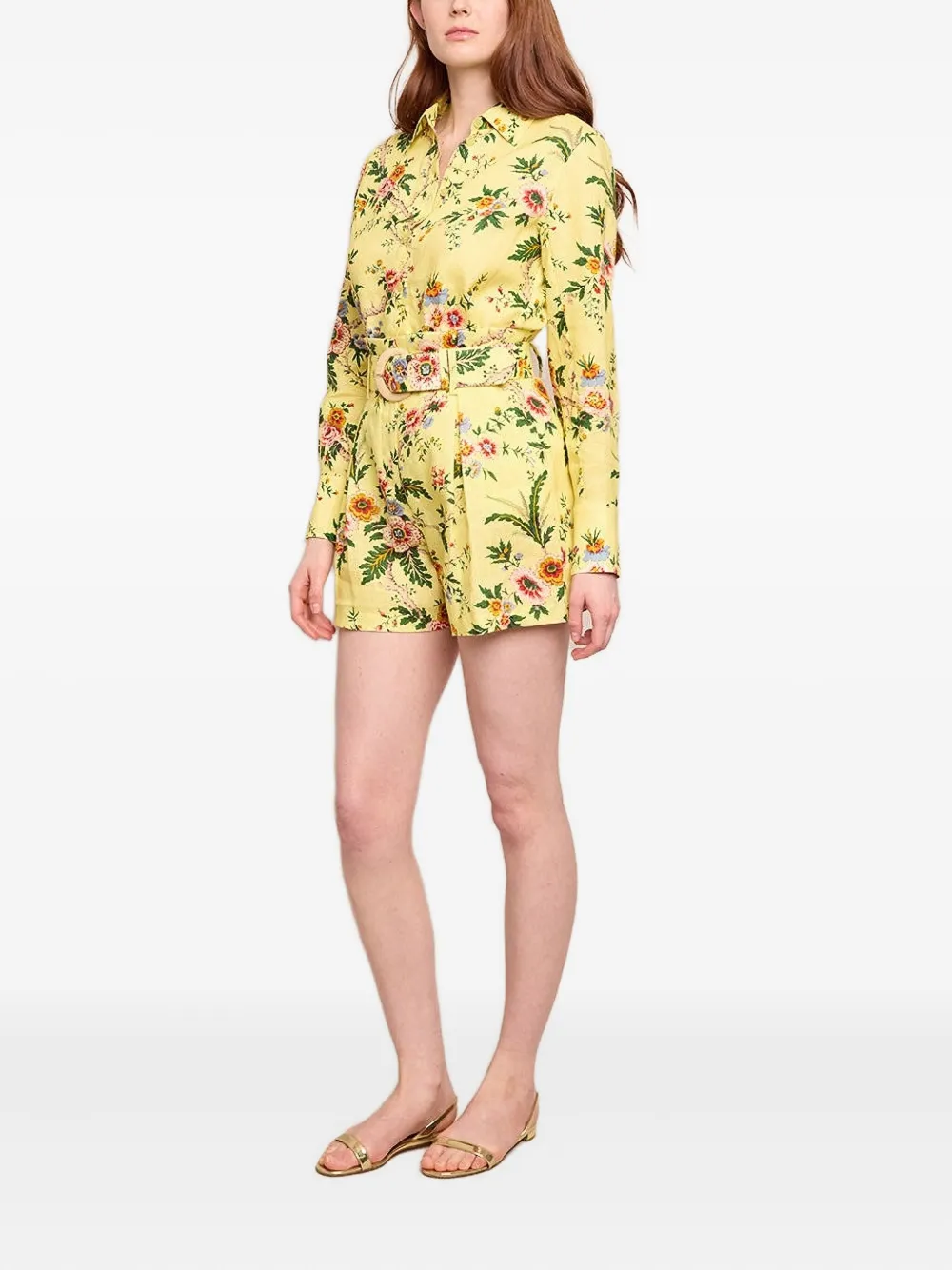  Cara Cara Floral-print Belted Tailored Shorts - Yellow 