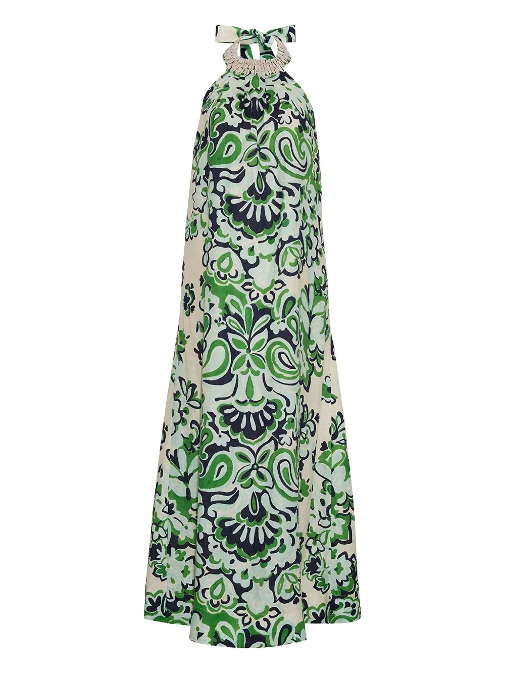 Cara Cara Aimee Seashell-detailed Printed-linen Maxi Dress In Green