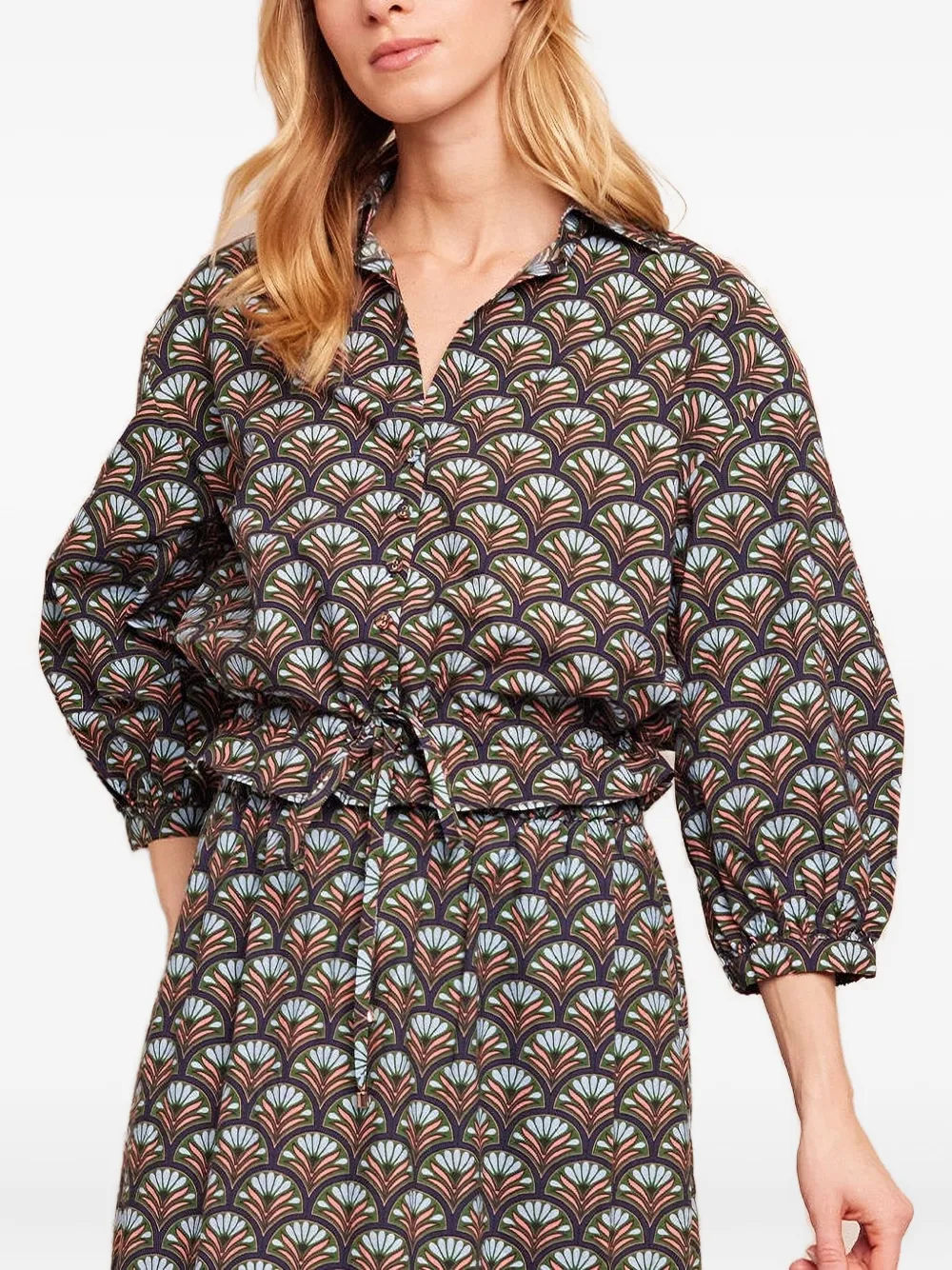 Cara Cara Hutton Shell-print Drawstring Blouse In Gray